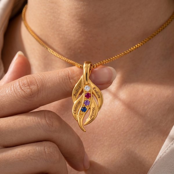 Collier d'arbre généalogique personnalisé avec pierres de naissance, pendentif feuille et plume, cadeau de famille pour maman/grand-mère/femme
