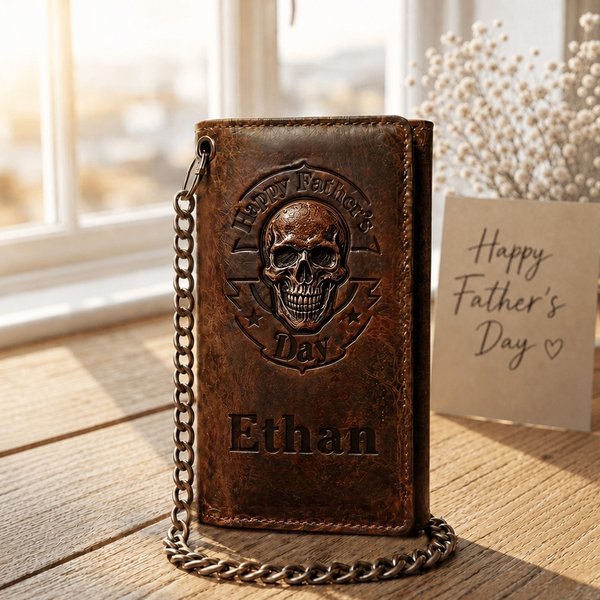 Personalized Skull Happy Father's Day Leather Tri-Fold Wallet with Chain and Name, Father's Day Gift for Husband/Dad/Grandfather