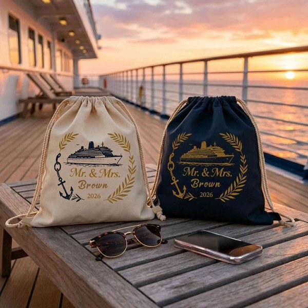 Personalized Couples Cruise Vacation Drawstring Bag with Name, Lightweight Beach Backpack, Birthday/Honeymoon Gift for Couple