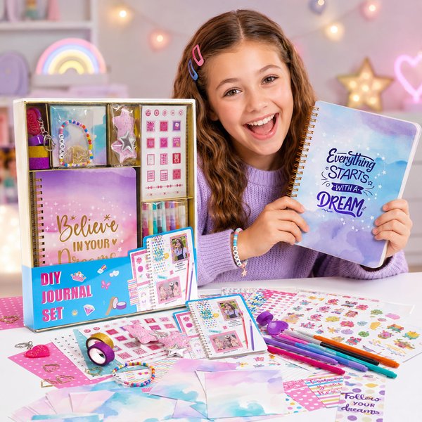 Set de bricolage journal et autocollants pour filles avec carnet/stylos/autocollants, cadeau d'anniversaire/de rentrée scolaire pour les enfants