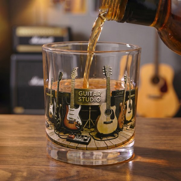 Personalized Guitar Studio Theme 10 oz Whiskey Glass with Name Daily Drinking Birthday Gift for Music Lover