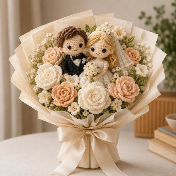 Personalisierter gehäkelter Hochzeitsstrauß mit Braut/Bräutigam-Puppe, handgemachtes gestricktes Blumenarrangement für Frischvermählte, Hochzeits-/Jubiläumsgeschenk für Paar