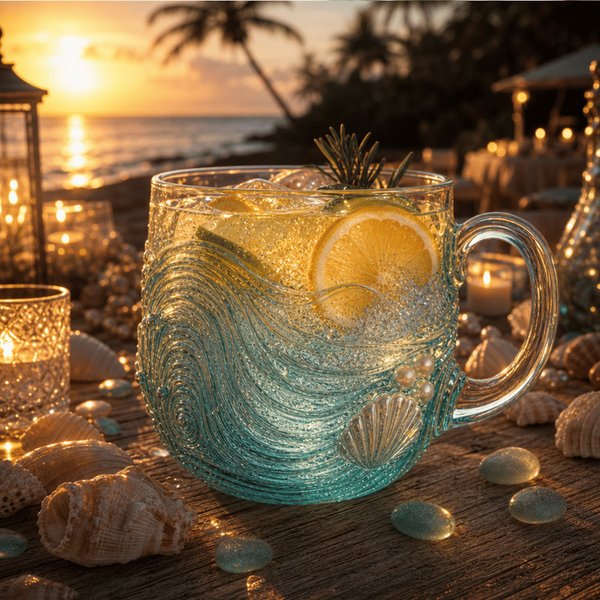 Coastal Pearl Glasbecher mit Ocean Wave & Shell Design, Beachcore ästhetische Trinkgeschirr, Geburtstag / Sommer Geschenk für Freund / Sie