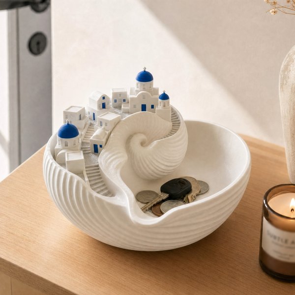 Santorini Seashell Key Bowl with Hand-Painted Blue Domes, 3D Printed Coastal Catchall Tray, Birthday/Housewarming Gift for Her/Travel Lover