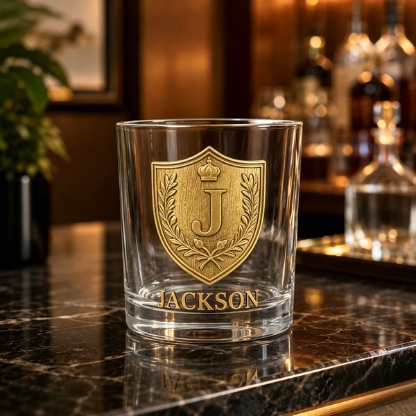 Personalized Family Crest Whiskey Bottle & Glass Set with Engraved Name and Initial, Father's Day/Birthday Gift for Dad/Husband/Him