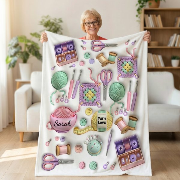 Personalized Crochet Elements Soft Throw Blanket with Name Home Decor Birthday Gift for Grandma Knitting Lovers