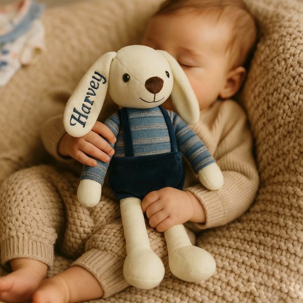 Personalized Handmade Bunny Plush with Text, Soft Stuffed Animal Doll, Ideal Keepsake Gift for Baby/Newborn Infant