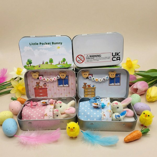 Personalized Pocket Tin Bunny Plush Set, Mummy and Baby Rabbit Dolls, Sibling Role Play Toy, Easter Holiday Gift for Kids