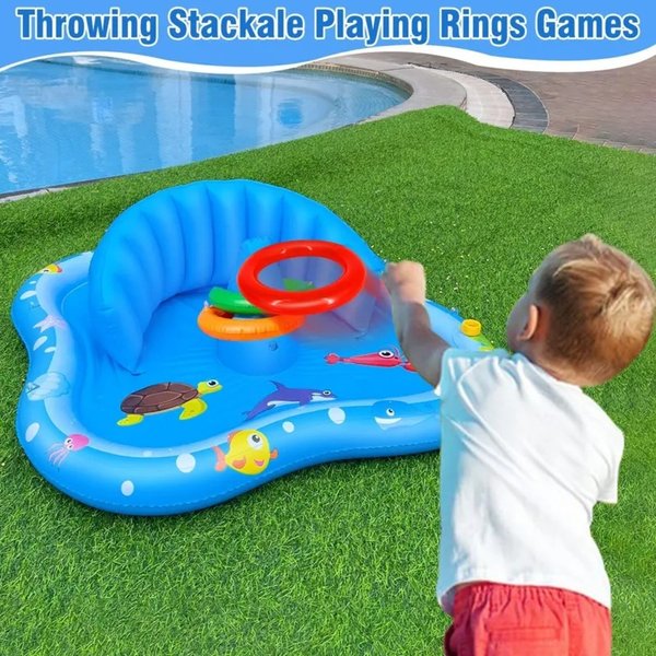 Baby Sprinkler Play Mat with Canopy & Stackable Rings, Inflatable Toddler Water Pool, Birthday/Summer Gift for Baby/Toddler
