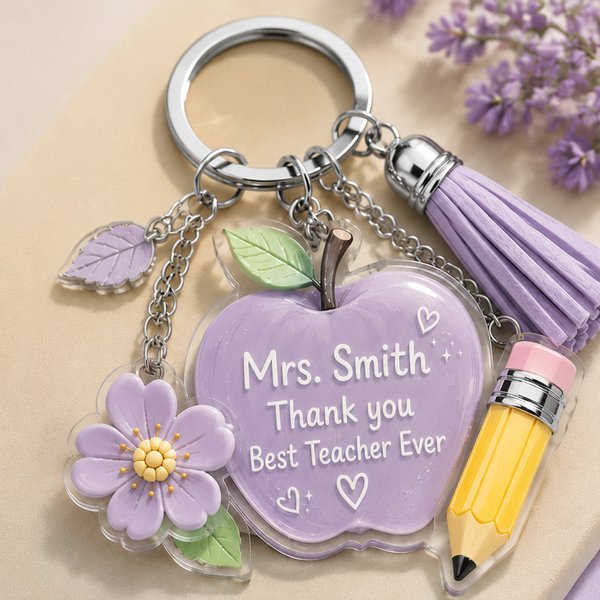 Personalized Apple Teacher Keychain with Name, Acrylic Charm & Tassel, Teacher Appreciation/Birthday Gift for Her/Him
