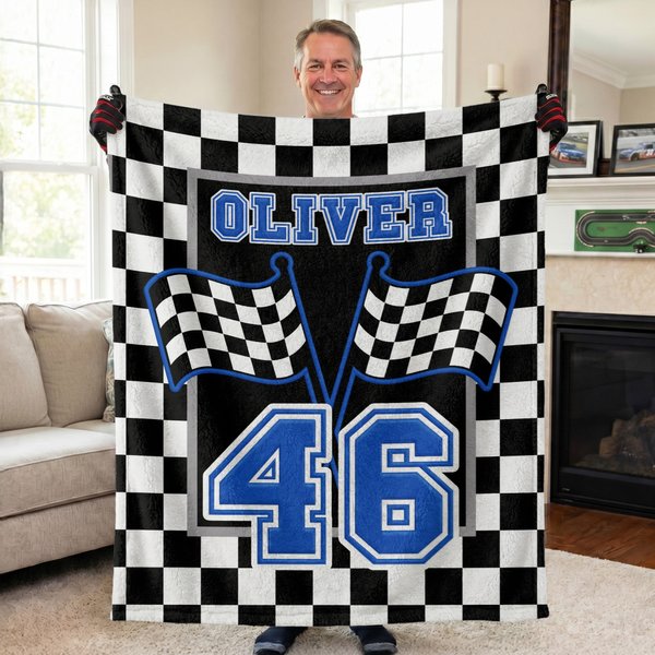Personalized Racing Design Soft Throw Blanket with Name and Number Home Decor Father’s Day Birthday Gift for Man Racing Enthusiast