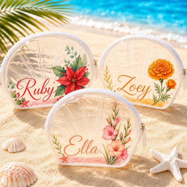 Personalized Name Seashell Beach Bag, Birth Flower Clear Waterproof Pouch in 12 Designs, Summer Accessory Gift for Her/Sisters/Friends