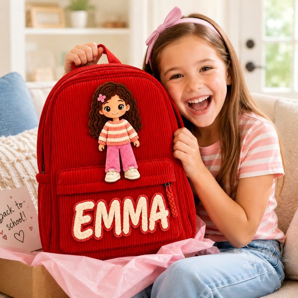 Sac à dos en velours côtelé pour poupées personnalisées avec cheveux et vêtements amovibles, sac à main créatif avec nom personnalisé, cadeau de rentrée scolaire pour les enfants