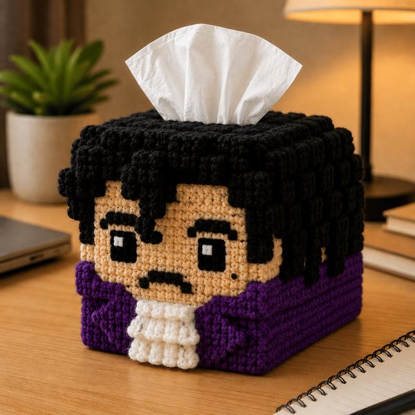 Personalized Retro Purple Pop Star Tissue Box Cover, Handmade Crochet Tissue Holder, Desk Decor Gift for Music Lovers/Him/Friends