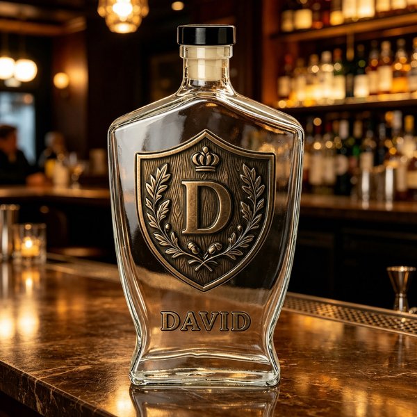 Personalized Whiskey Bottle with Name & Initial Shield Emblem, Bar Decor Gift for Him/Dad/Groomsmen