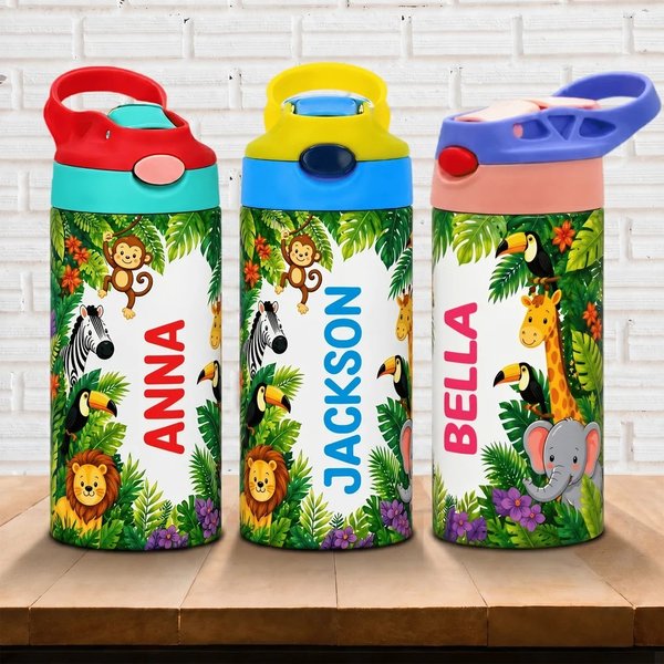 Personalized Cute Jungle Animal Water Bottle 12oz with Name Straw and Handle Back to School Birthday Gift for Kids