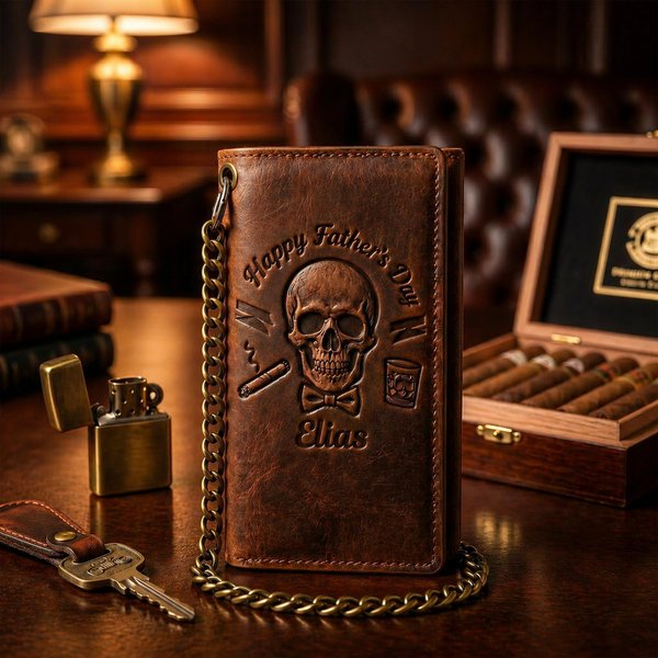 Personalized Skull Cigar Happy Father's Day Leather Tri-Fold Wallet with Chain and Name, Father's Day Gift for Husband/Dad/Grandfather