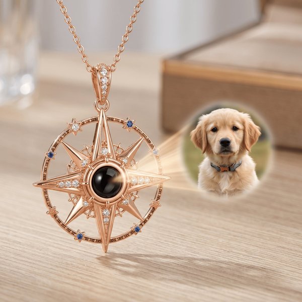 Personalized Memorial Projection Necklace with Photo & Engraving, Compass Star Keepsake Pendant for Loss of Loved One, Remembrance Jewelry for Her