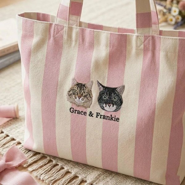 Personalized Pet Portrait Striped Tote Bag with Name, Pet Pattern Shoulder Bag, Unique Gift for Pet Lovers