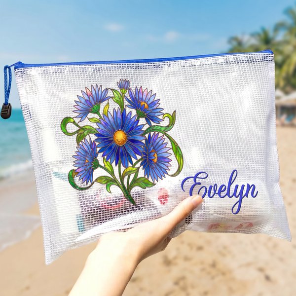Personalized Birth Flower Transparent Mesh Beach Bag with Name Travel Essential Beach Party Birthday Gift for Women Girls