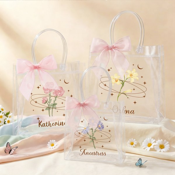 Personnalisé Rose Bleu nœud Fleur de naissance Transparent Sac avec Nom Anniversaire Cadeau de mariage pour demoiselles d'honneur Jeunes mariées Femmes