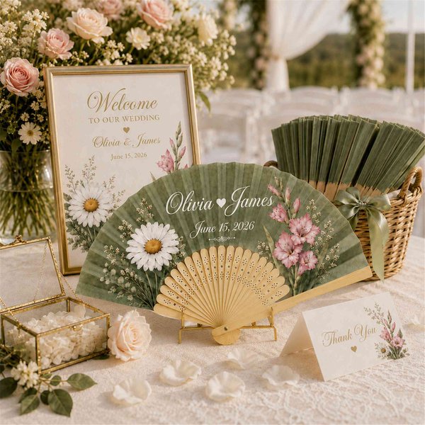 (Lot de 6 pièces)Eventails floraux pliants de mariage personnalisés avec le nom du couple et la fleur de naissance, cadeaux de cérémonie pour les invités et les demoiselles d'honneur.