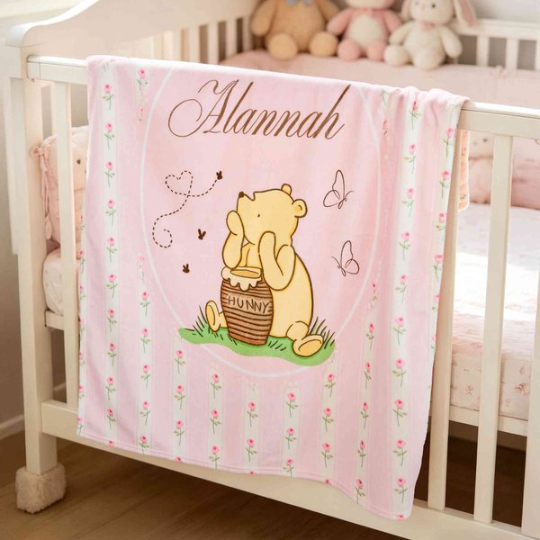 Personalized Vintage Winnie The Pooh Baby Blanket with Name, Soft Floral Bed Couch Throw, Nursery Decor, Birthday/Easter Gift for Newborns/Girls/Kids