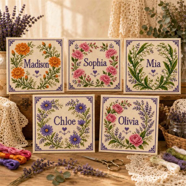 Personalized Birth Flower Cross Stitch Kit for Beginners with Name, Floral Embroidery Supplies, DIY Handcrafted Art Decor, Holiday Gift for Women
