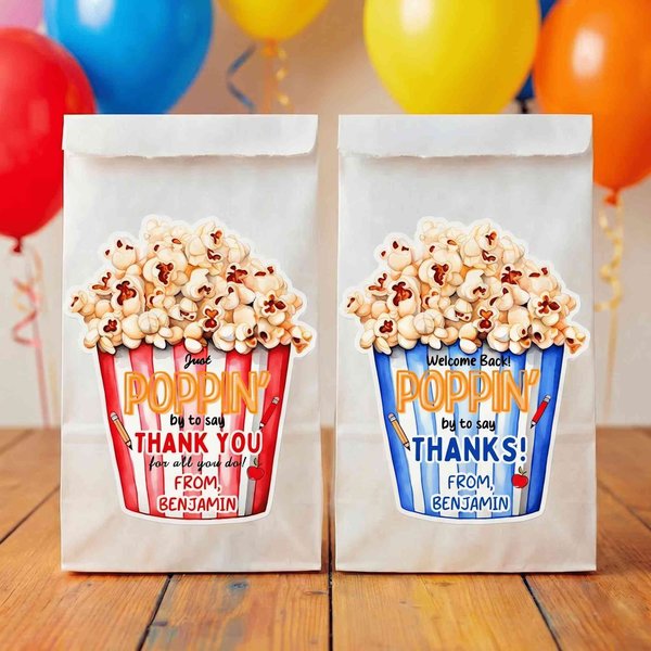 (Satz von 2 Pcs)Personalisierte Popcorn Dankeschön wasserdicht Name Aufkleber, zurück zu Schule Wertschätzung Geschenk Tags, ersten Tag der Schule Geschenke für Kinder
