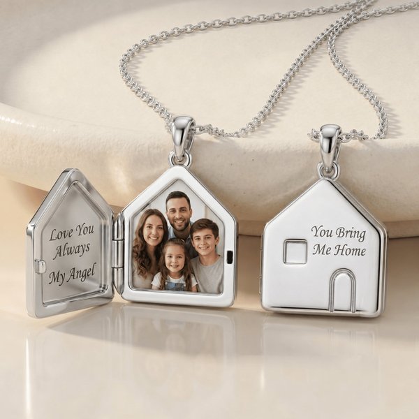 Personalized House Photo Locket Necklace with Picture & Engraving, Mother's Day/Birthday Gift for Mom/Daughter/Grandma