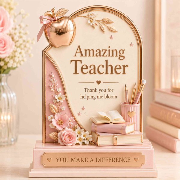 Personalized Floral Gold Apple Teacher Desk Plaque with Name, Pink Rose Desk Ornament, Office Decor, Back to School/Appreciation Gift for Teachers