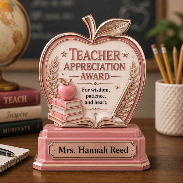 Personalized Teacher Appreciation Award with Name, Pink Apple Trophy Keepsake, Desktop Decor Keepsake, Back to School & Holiday Gift for Teachers